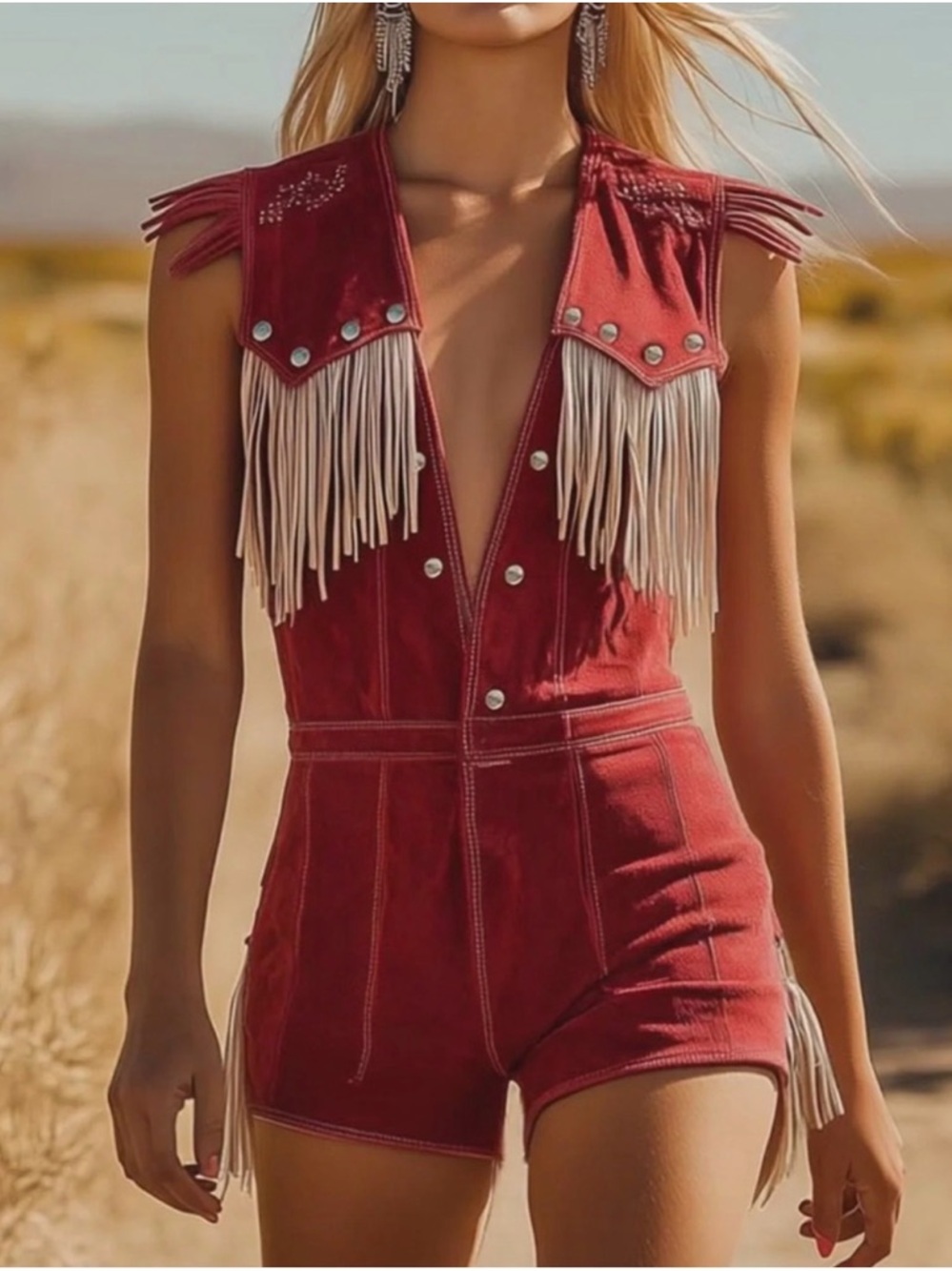 Oyrosy Western Cowboy Style Red Suede Silver Button Beige Tassel Jumpsuit, M